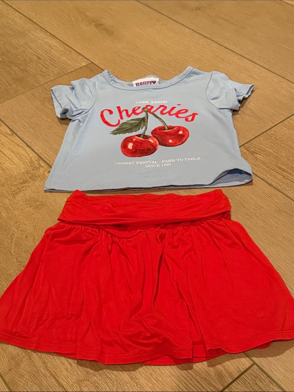 Cherries Kids Matching Set - Light Blue Top & Red Skirt